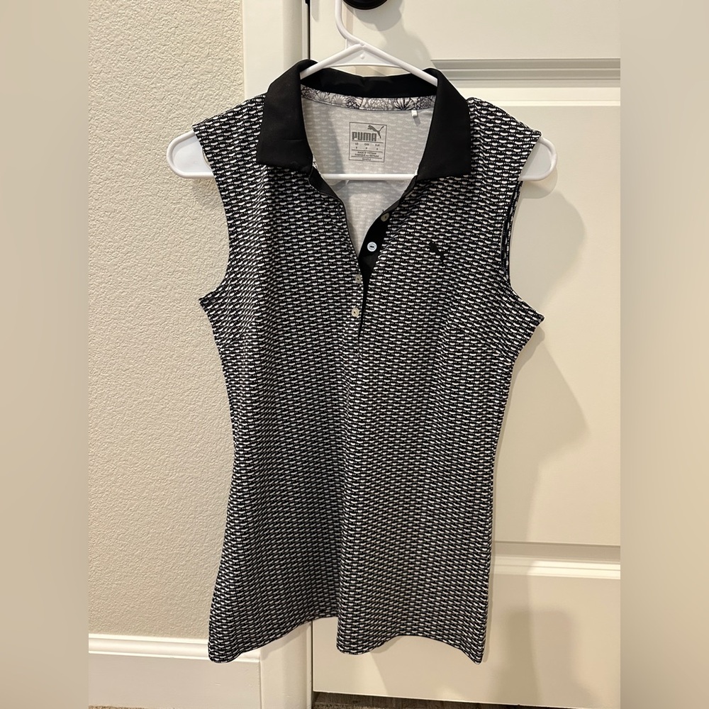 Women's Black and White Sleeveless Polo Top Puma Small